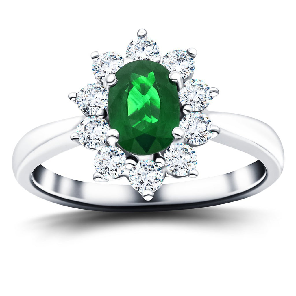 Oval 0.80ct Emerald 0.60ct Diamond Cluster Ring 18k White Gold - All Diamond