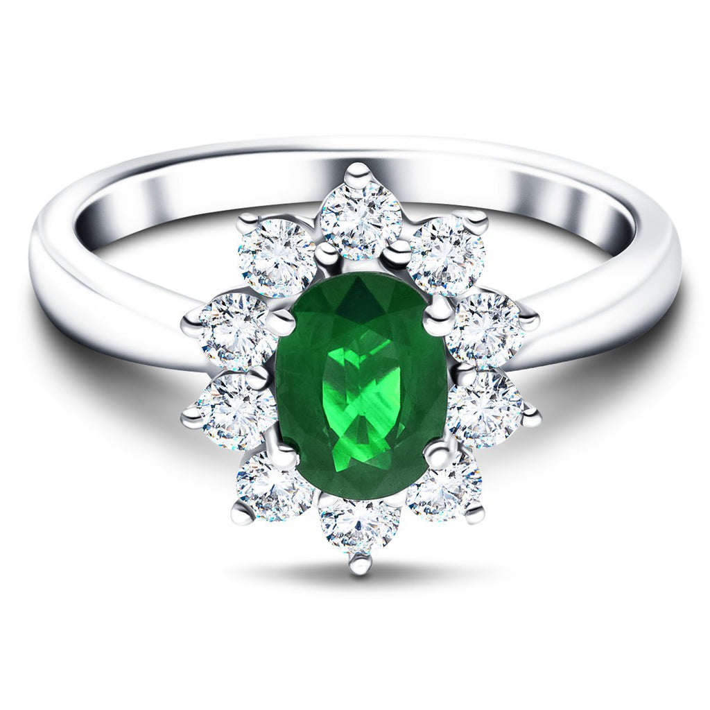 Oval 0.80ct Emerald 0.60ct Diamond Cluster Ring 18k White Gold - All Diamond