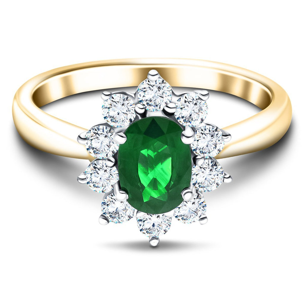 Oval 0.80ct Emerald 0.60ct Diamond Cluster Ring 18k Yellow Gold - All Diamond