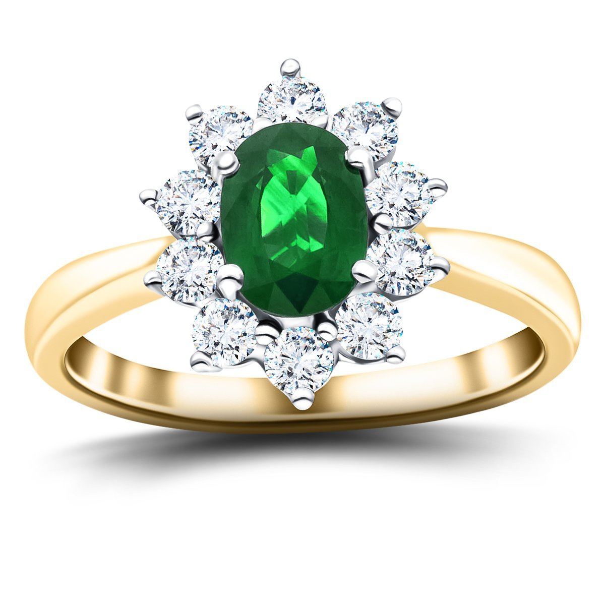 Oval 0.80ct Emerald 0.60ct Diamond Cluster Ring 18k Yellow Gold - All Diamond