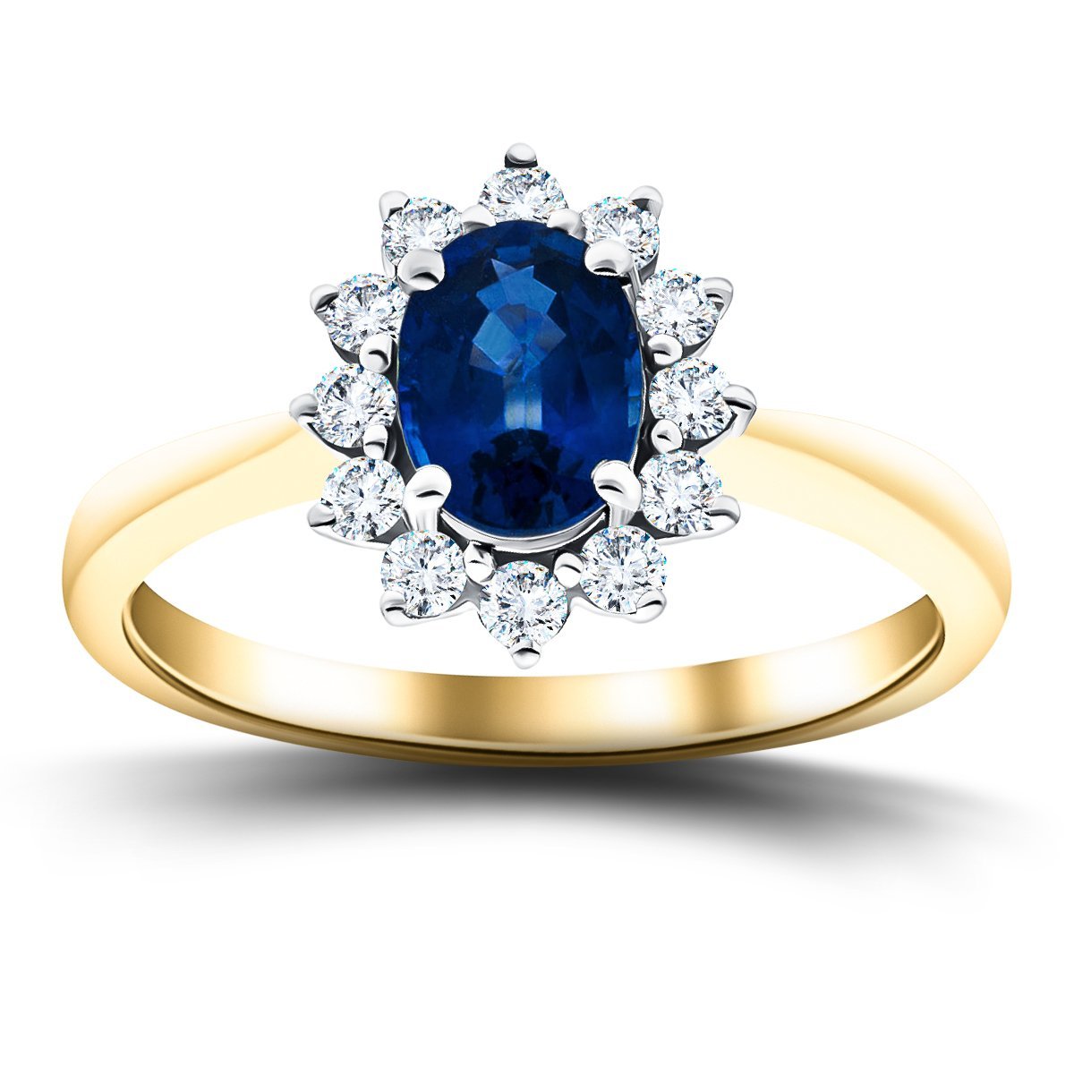 Oval 1.00ct Blue Sapphire 0.30ct Diamond Cluster Ring 18k Yellow Gold - All Diamond