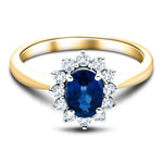 Oval 1.00ct Blue Sapphire 0.30ct Diamond Cluster Ring 18k Yellow Gold - All Diamond