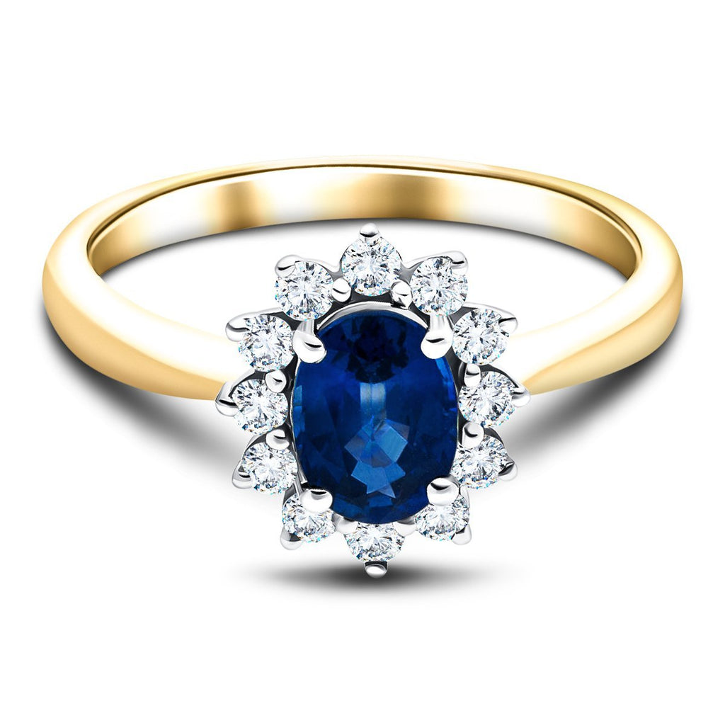 Oval 1.00ct Blue Sapphire 0.30ct Diamond Cluster Ring 18k Yellow Gold - All Diamond