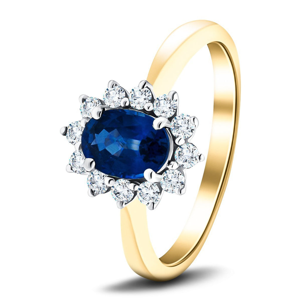 Oval 1.00ct Blue Sapphire 0.30ct Diamond Cluster Ring 18k Yellow Gold - All Diamond