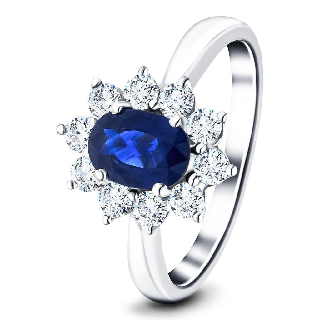 Oval 1.00ct Blue Sapphire 0.60ct Diamond Cluster Ring 18k White Gold - All Diamond
