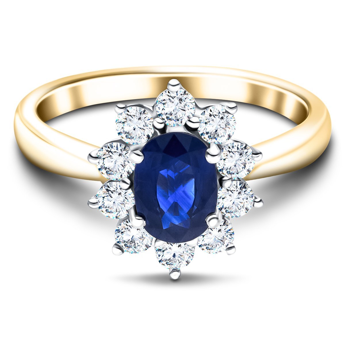 Oval 1.00ct Blue Sapphire 0.60ct Diamond Cluster Ring 18k Yellow Gold - All Diamond