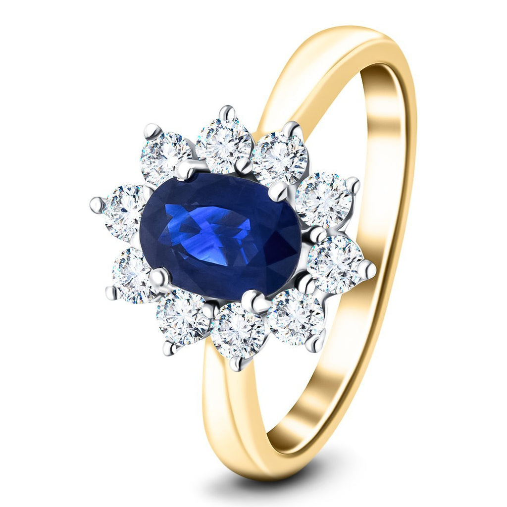 Oval 1.00ct Blue Sapphire 0.60ct Diamond Cluster Ring 18k Yellow Gold - All Diamond