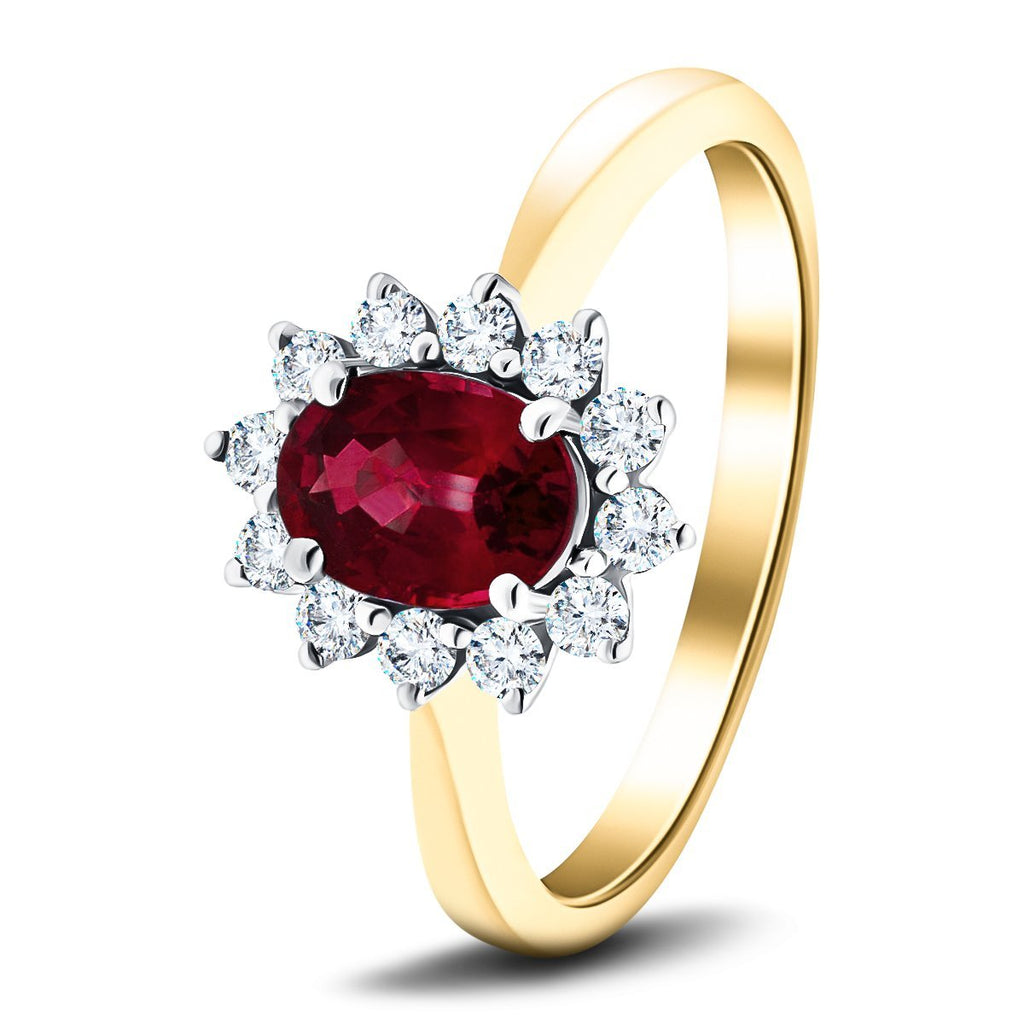 Oval 1.00ct Ruby 0.30ct Diamond Cluster Ring 18k Yellow Gold - All Diamond