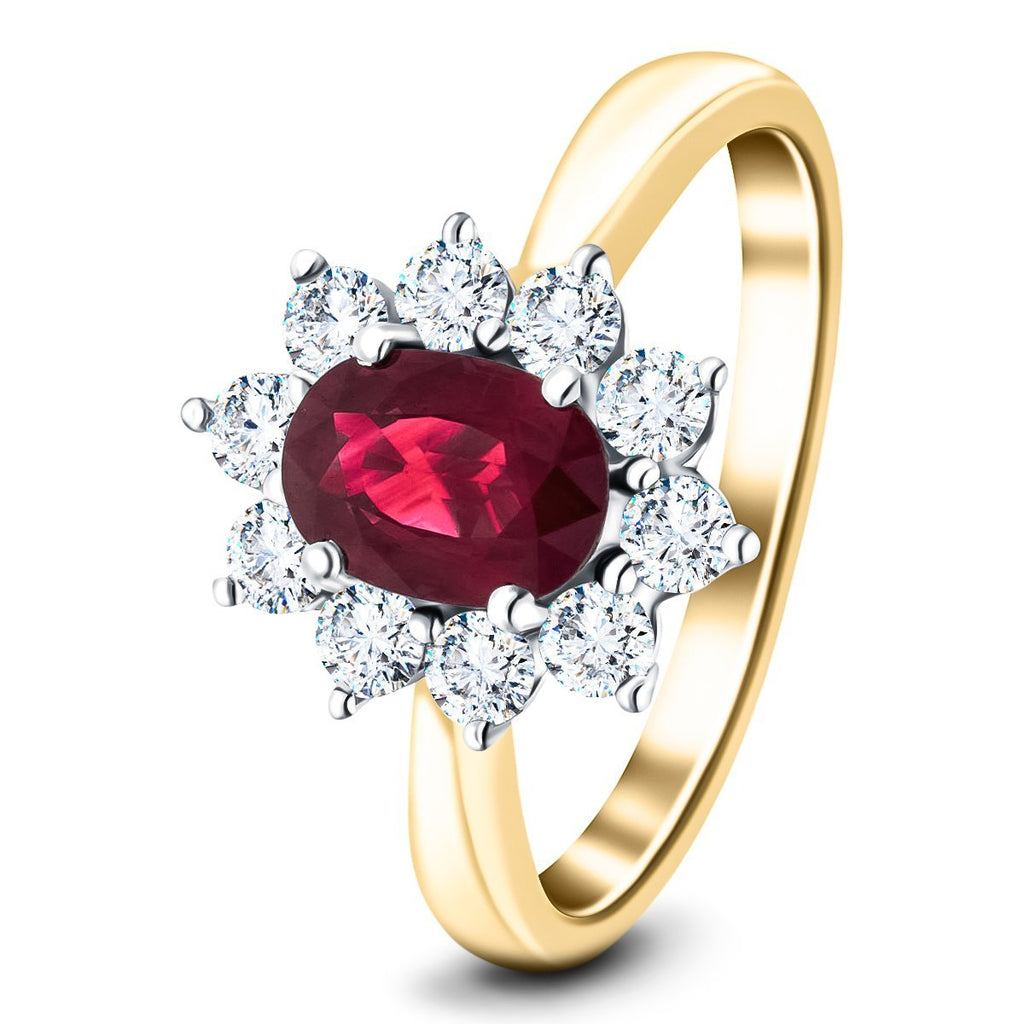Oval 1.00ct Ruby 0.60ct Diamond Cluster Ring 18k Yellow Gold - All Diamond