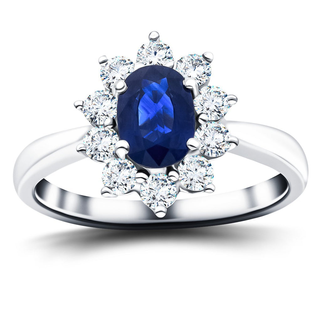 Oval 1.50ct Blue Sapphire 1.00ct Diamond Cluster Ring 18k White Gold - All Diamond