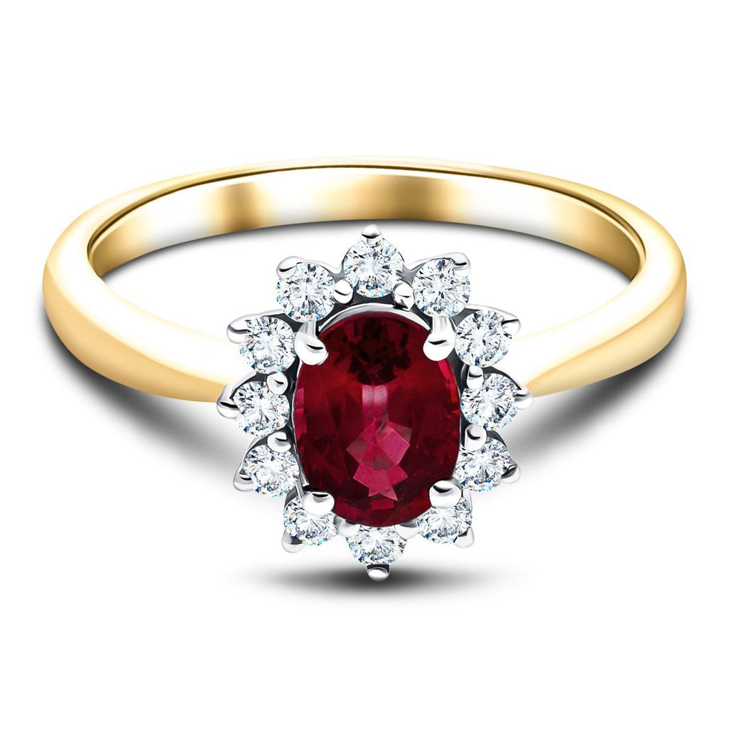 Oval 1.50ct Ruby 0.50ct Diamond Cluster Ring 18k Yellow Gold - All Diamond