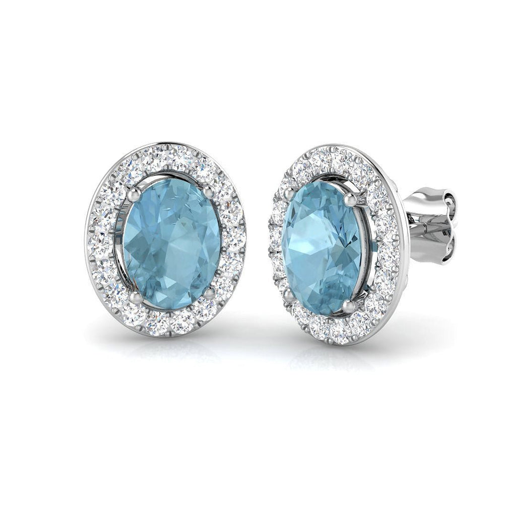 Oval 2.50ct Aquamarine & Diamond Cluster Earrings in 18k White Gold - All Diamond
