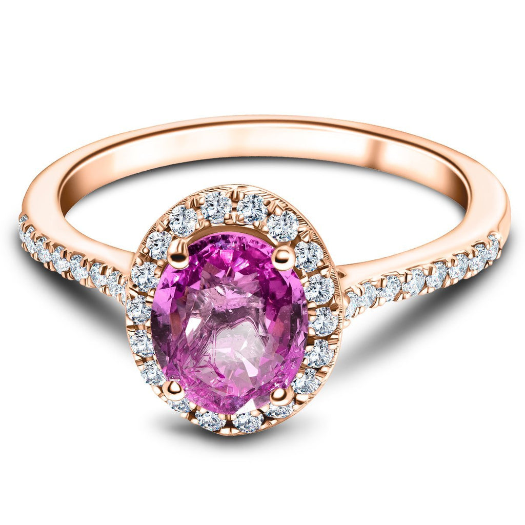 Oval Pink Sapphire & Diamond 1.88ct Halo Ring in 18k Rose Gold - All Diamond