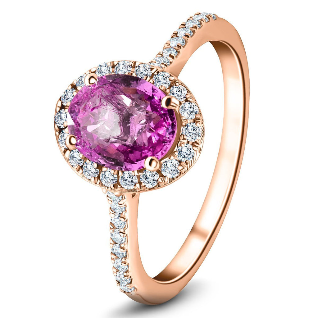 Oval Pink Sapphire & Diamond 1.88ct Halo Ring in 18k Rose Gold - All Diamond