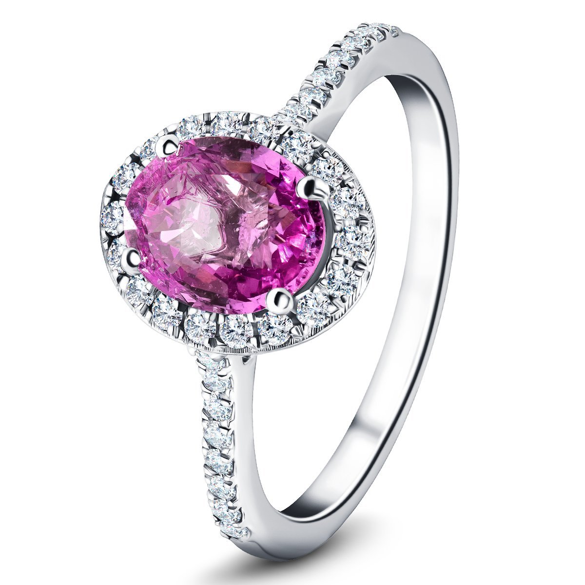 Oval Pink Sapphire & Diamond 1.88ct Halo Ring in 18k White Gold - All Diamond