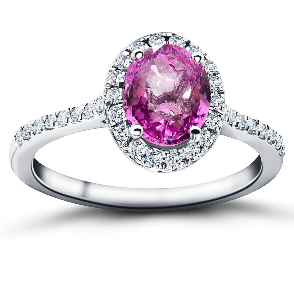 Oval Pink Sapphire & Diamond 1.88ct Halo Ring in 18k White Gold - All Diamond