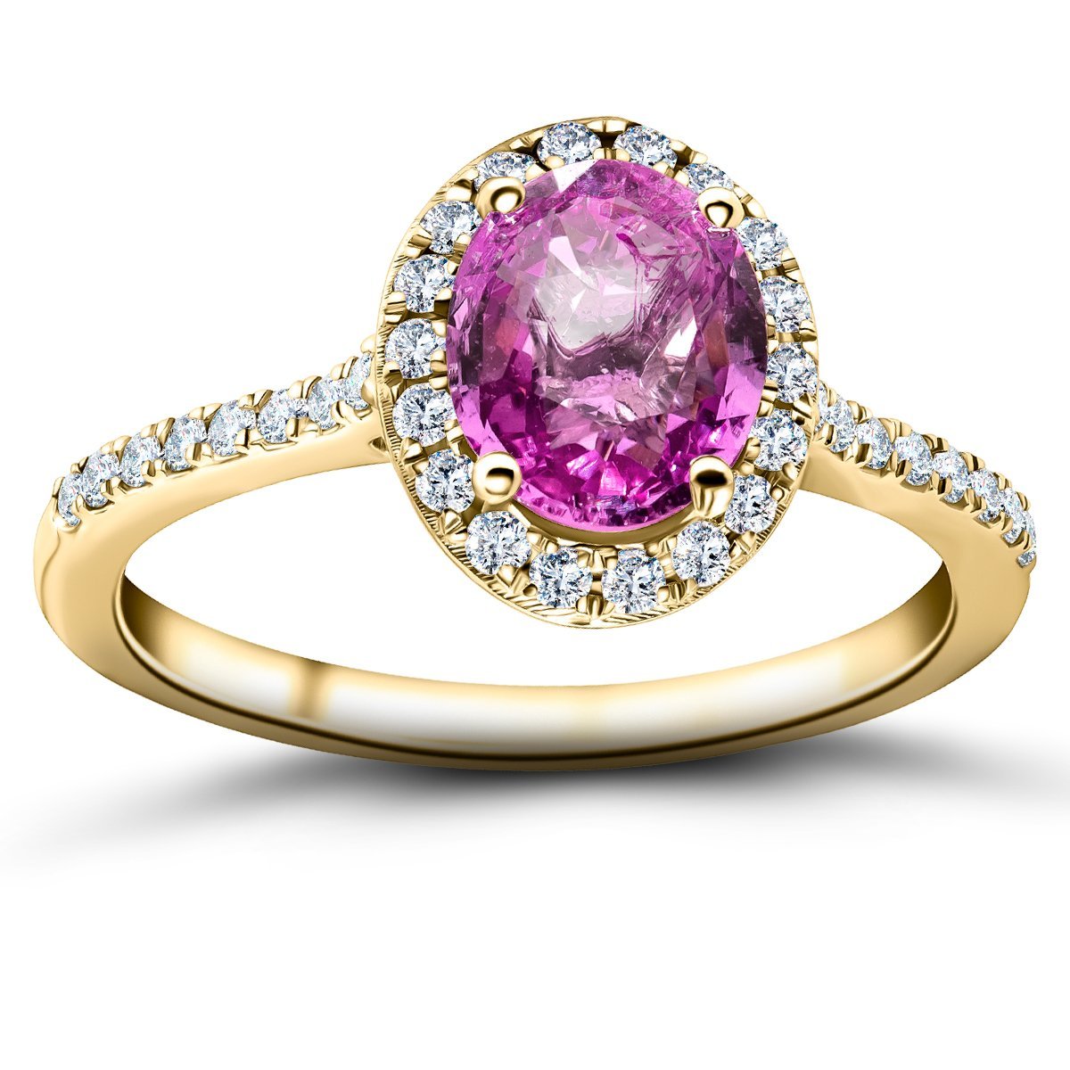 Oval Pink Sapphire & Diamond 1.88ct Halo Ring in 18k Yellow Gold - All Diamond