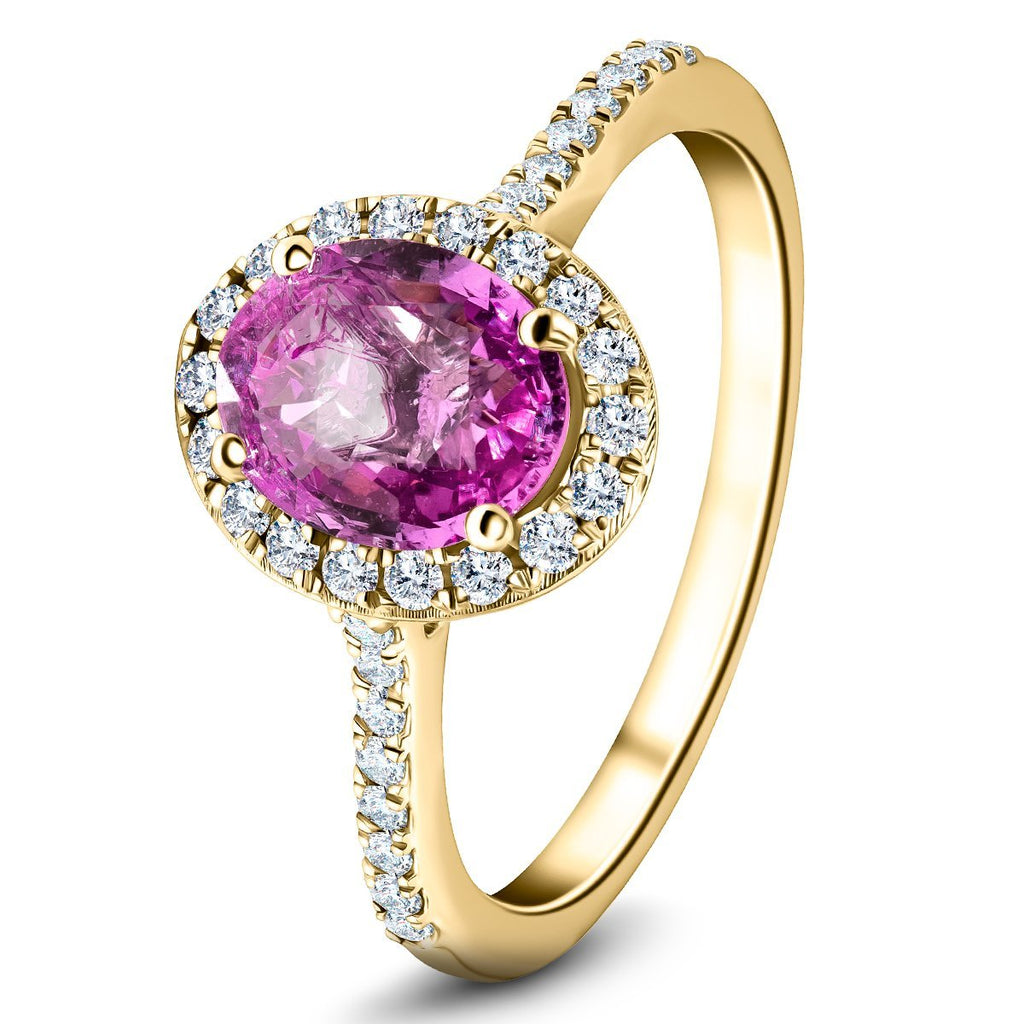 Oval Pink Sapphire & Diamond 1.88ct Halo Ring in 18k Yellow Gold - All Diamond