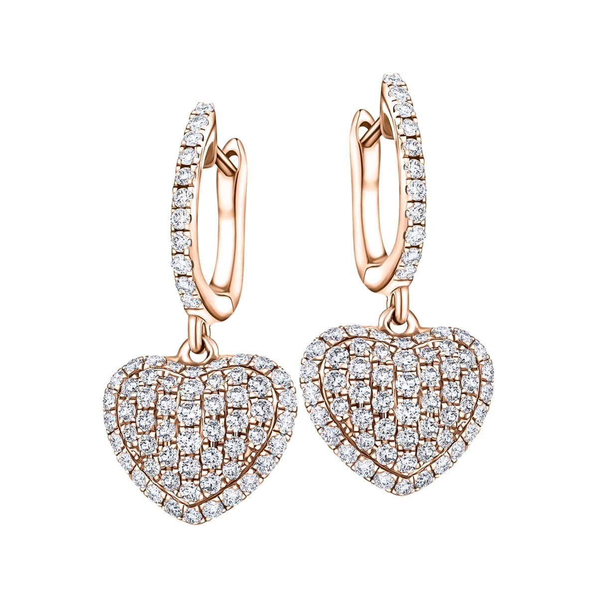 Pave Diamond Drop Heart Earrings 0.90ct G/SI Quality 18k Rose Gold - All Diamond