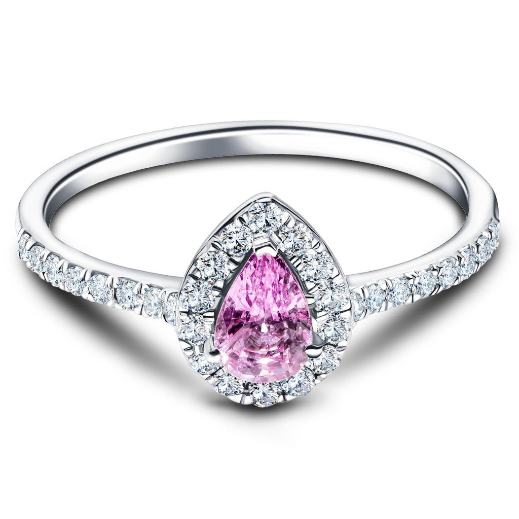 Pear Pink Sapphire & Diamond 0.80ct Halo Ring in 18k White Gold - All Diamond
