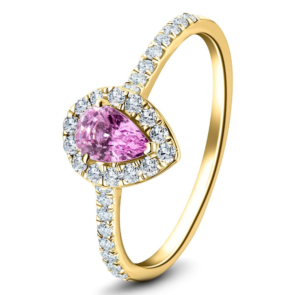 Pear Pink Sapphire & Diamond 0.80ct Halo Ring in 18k Yellow Gold - All Diamond