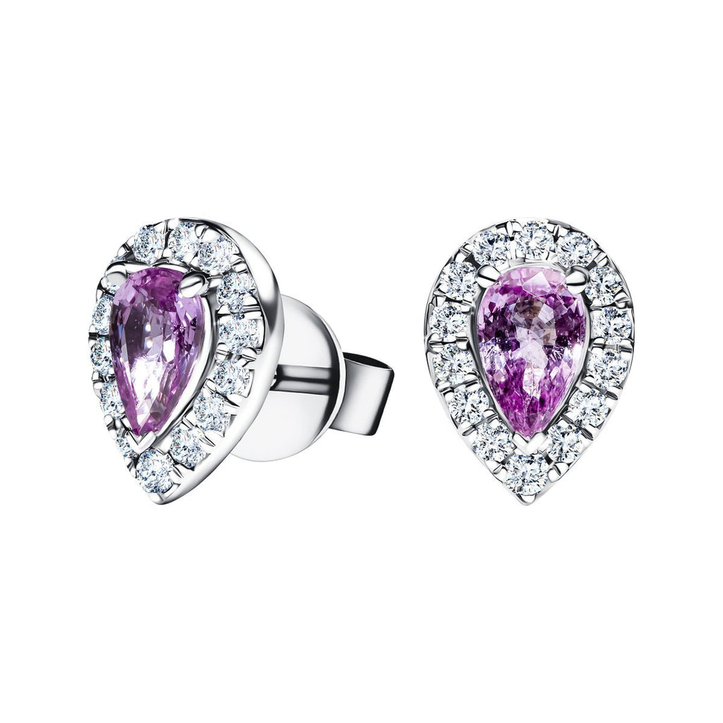 Pear Pink Sapphire & Diamond Halo Earrings 1.33ct in 18k White Gold - All Diamond