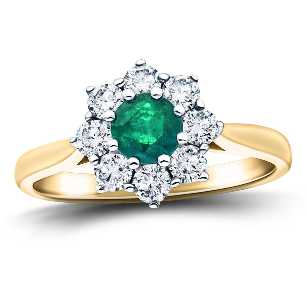 Round 0.25ct Emerald 0.25ct Diamond Cluster Ring 18k Yellow Gold - All Diamond