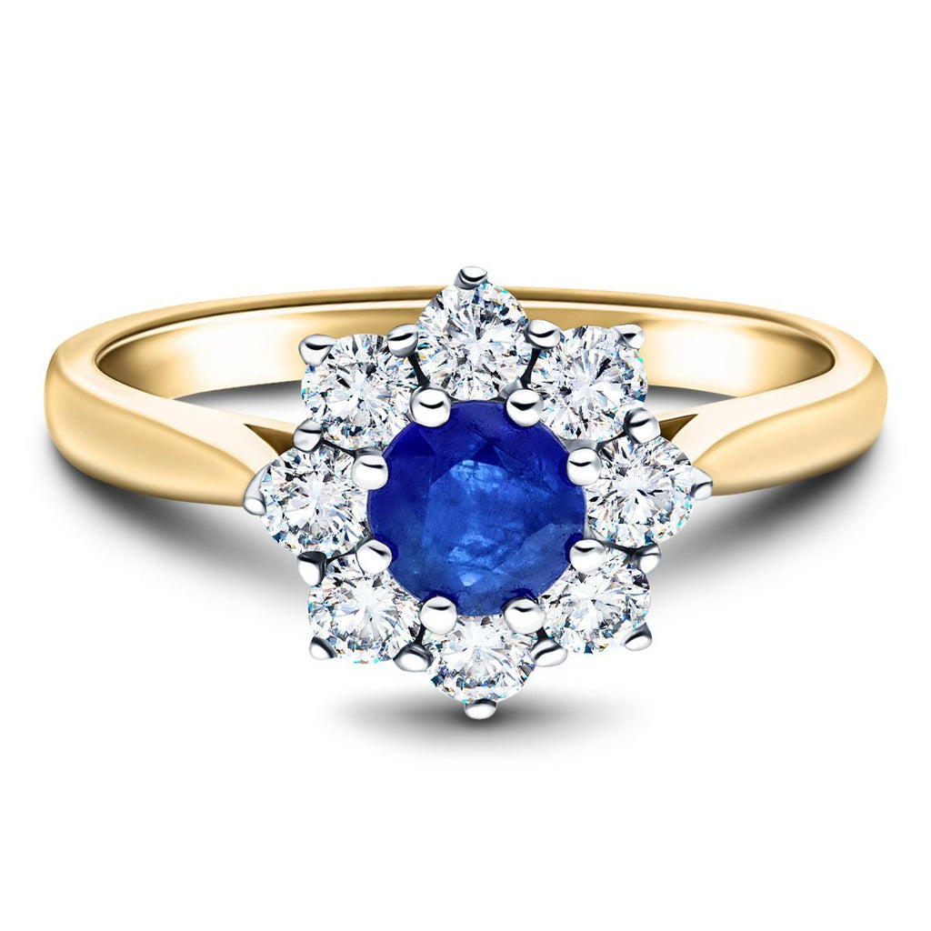 Round 0.45ct Blue Sapphire 0.25ct Diamond Cluster Ring 18k Yellow Gold - All Diamond