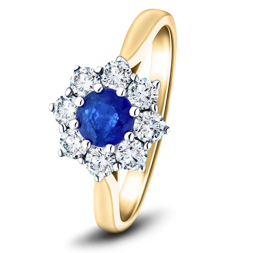 Round 0.45ct Blue Sapphire 0.25ct Diamond Cluster Ring 18k Yellow Gold - All Diamond