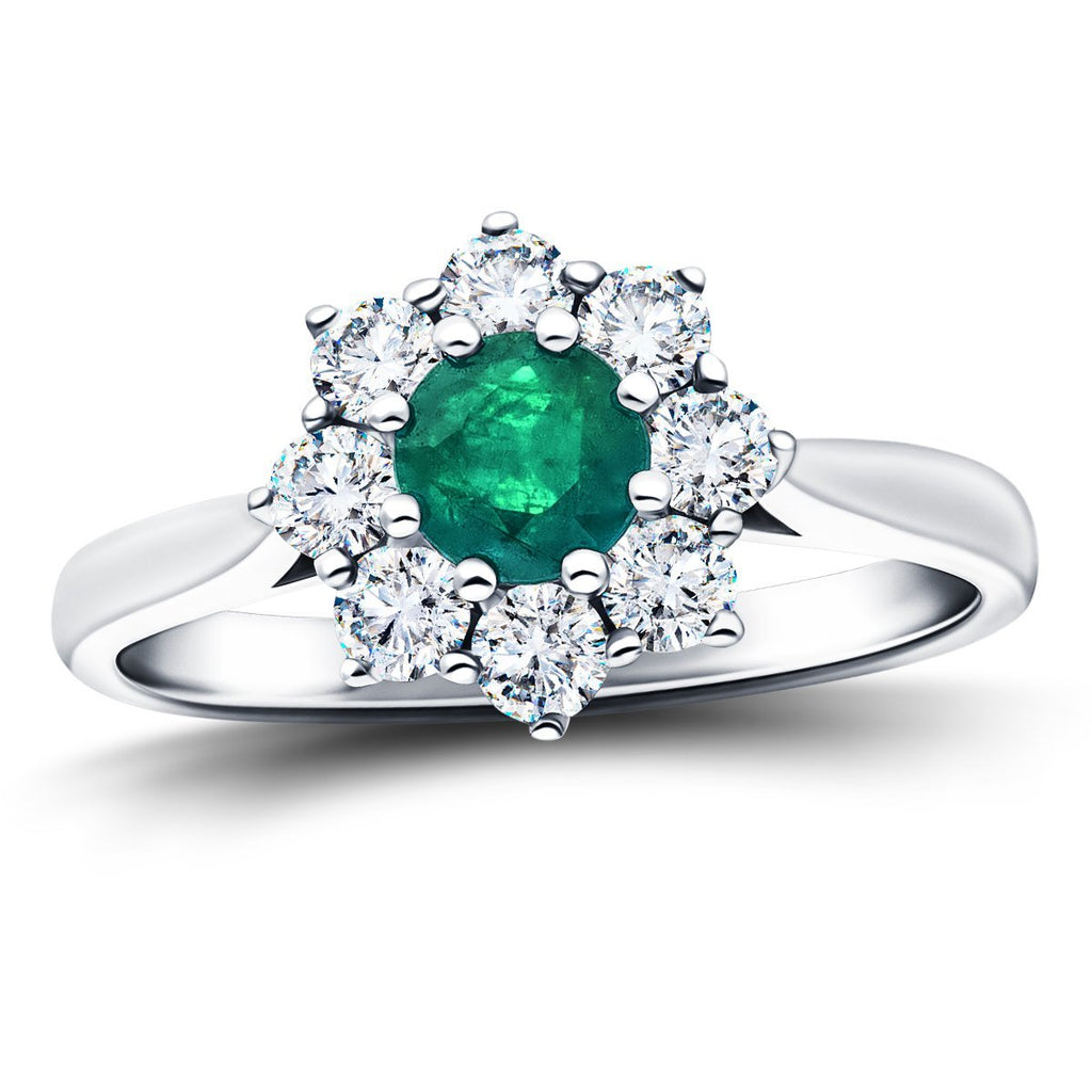 Round 0.50ct Emerald 0.60ct Diamond Cluster Ring 18k White Gold - All Diamond