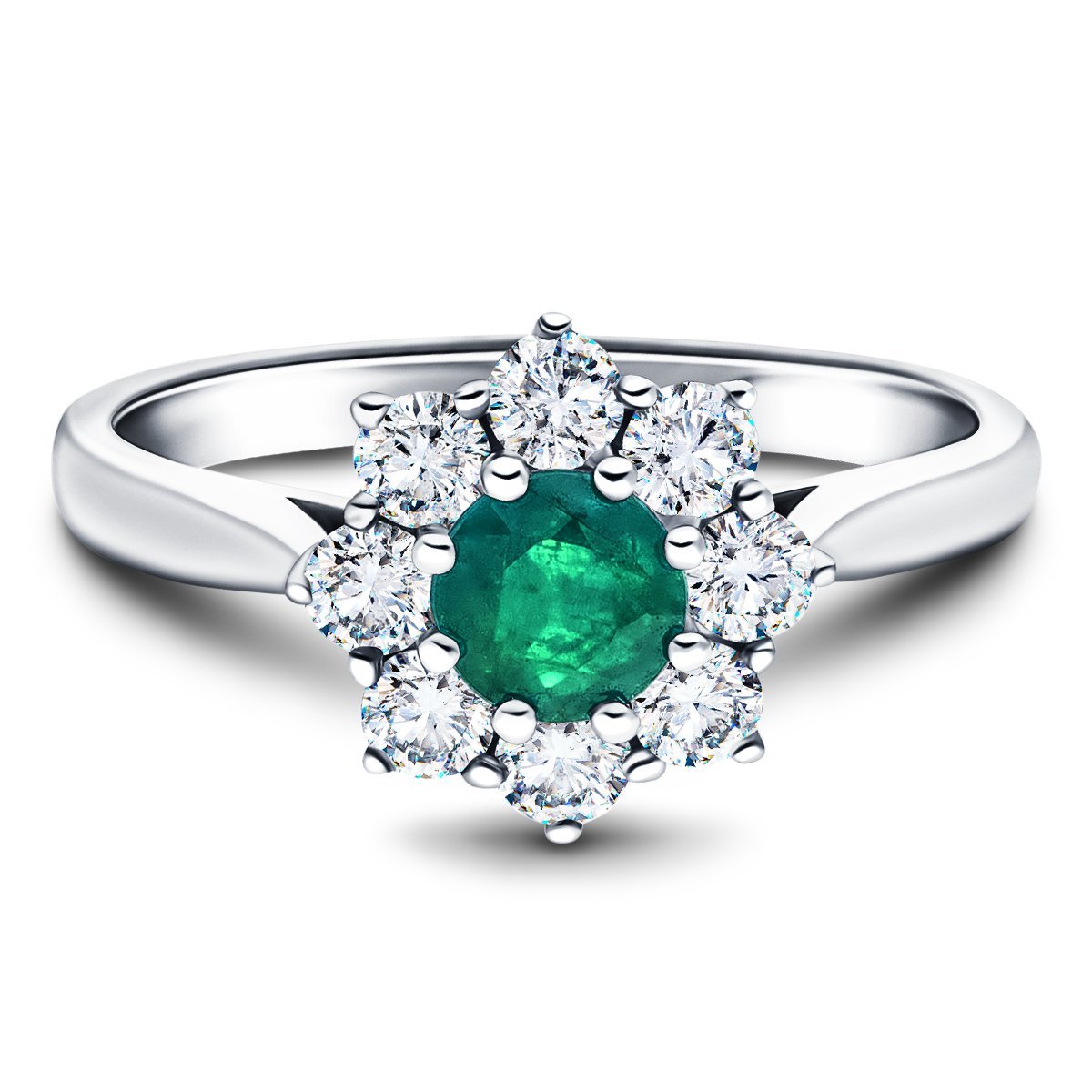 Round 0.50ct Emerald 0.60ct Diamond Cluster Ring 18k White Gold - All Diamond