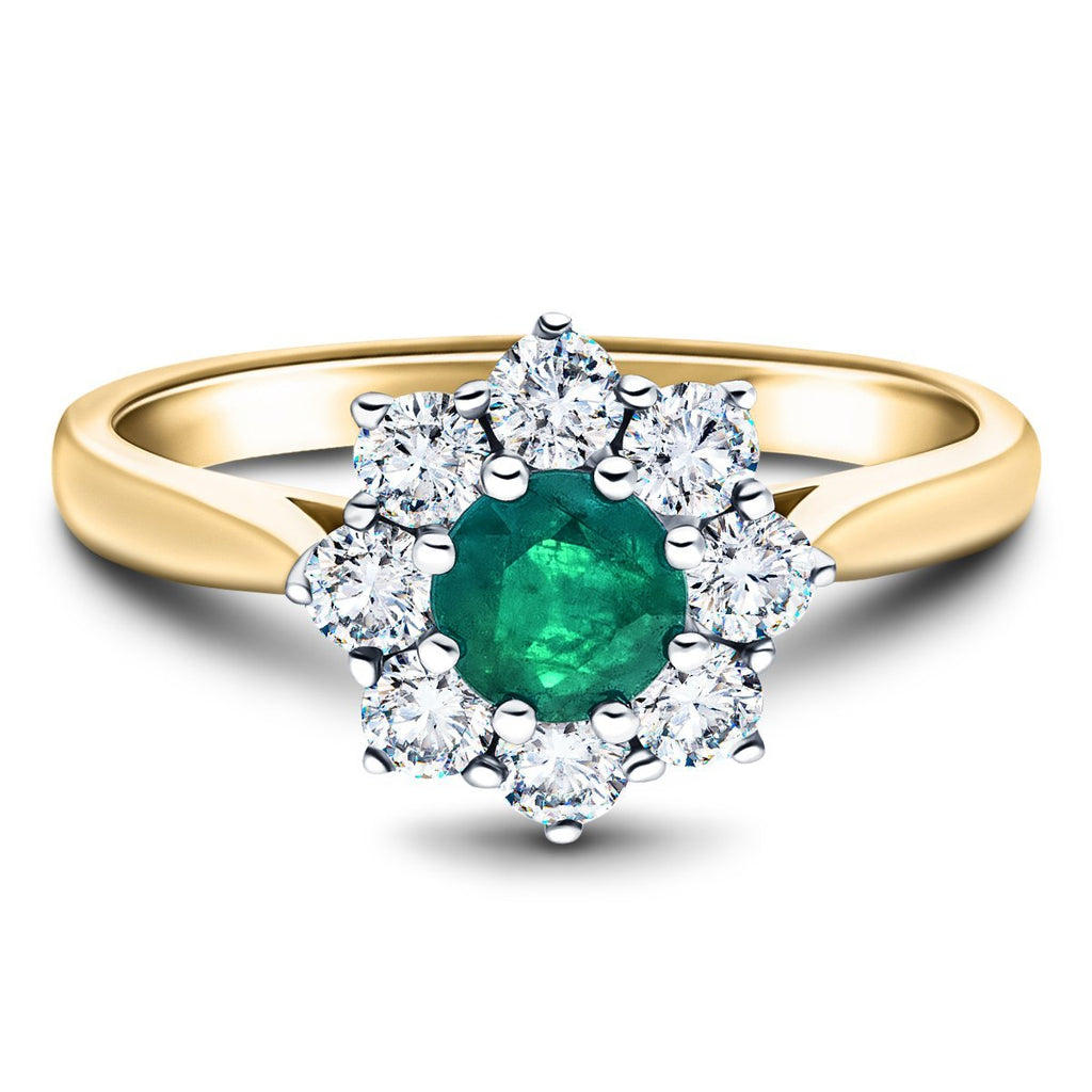 Round 0.50ct Emerald 0.60ct Diamond Cluster Ring 18k Yellow Gold - All Diamond