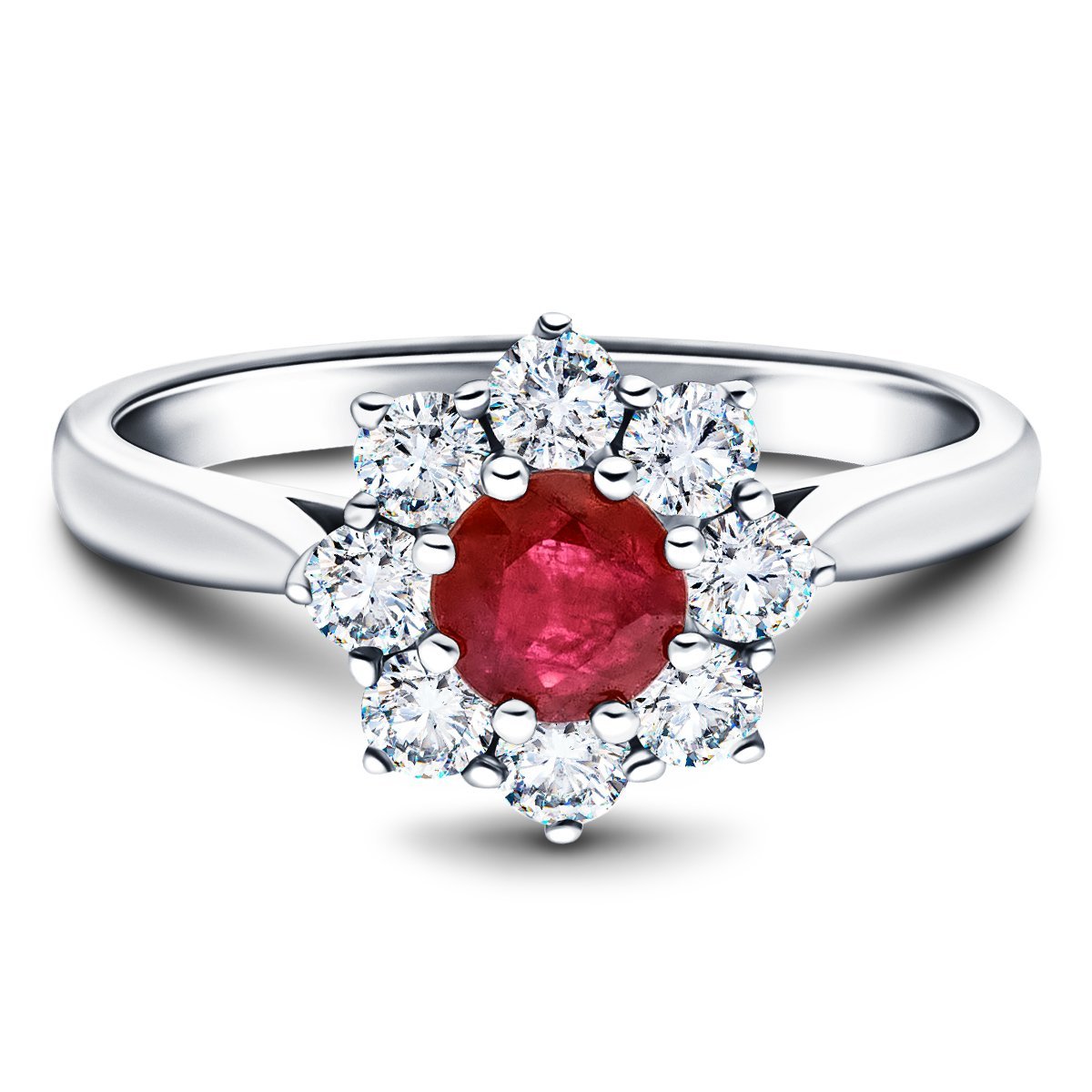 Round 0.70ct Ruby 0.60ct Diamond Cluster Ring 18k White Gold - All Diamond