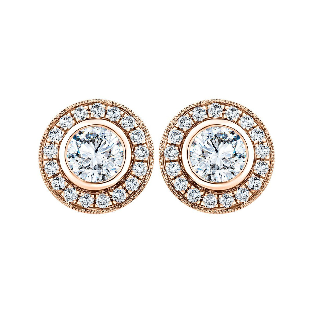 Rub Over Diamond Halo Earrings 0.90ct G/SI Quality in 18k Rose Gold - All Diamond