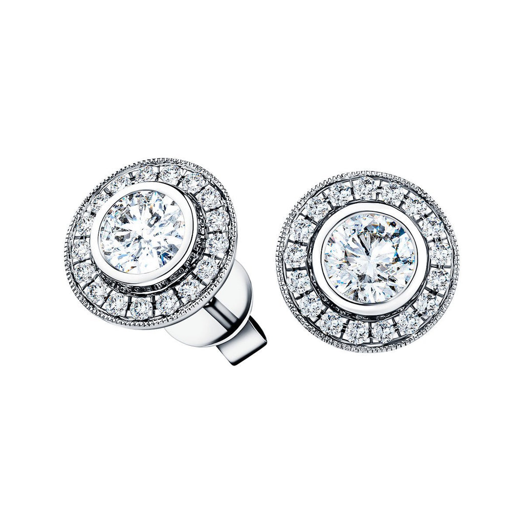Rub Over Diamond Halo Earrings 0.90ct G/SI Quality in 18k White Gold - All Diamond