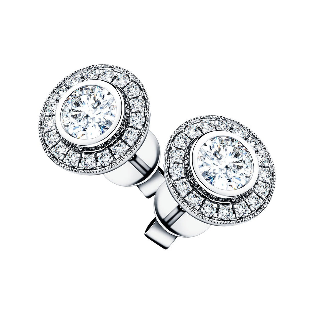 Rub Over Diamond Halo Earrings 0.90ct G/SI Quality in 18k White Gold - All Diamond