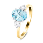 Three Stone Aquamarine 1.21ct & Diamond 0.32ct Ring in 18K Yellow Gold - All Diamond