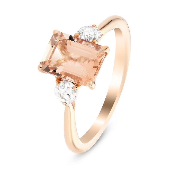 Three Stone Morganite 1.48ct & Diamond 0.31ct Ring in 9k Rose Gold
