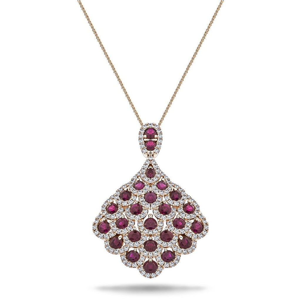 Vintage 2.60ct Ruby & 0.90ct Diamond Drop Necklace Rose Gold - All Diamond
