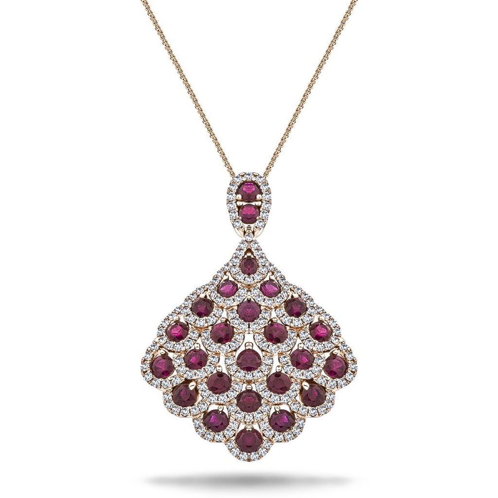Vintage 2.60ct Ruby & 0.90ct Diamond Drop Necklace Rose Gold - All Diamond